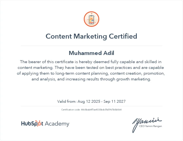 Content marketing certification of Adhil the best freelance digital marketer in dubai