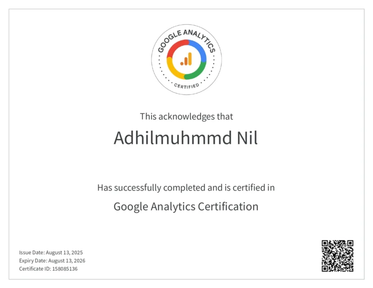 google analytics certification of Adhil the best freelance digital marketer in dubai