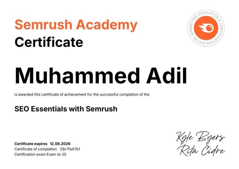 semrush academy certificate of best freelance digital marketer in dubai